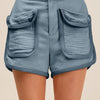 SO ME Mineral Washed Terry High Rise Cargo Shorts - DENIM BLUE