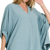 Zenana Woven Airflow V-neck Puff Half Sleeve Top - BLUE GREY