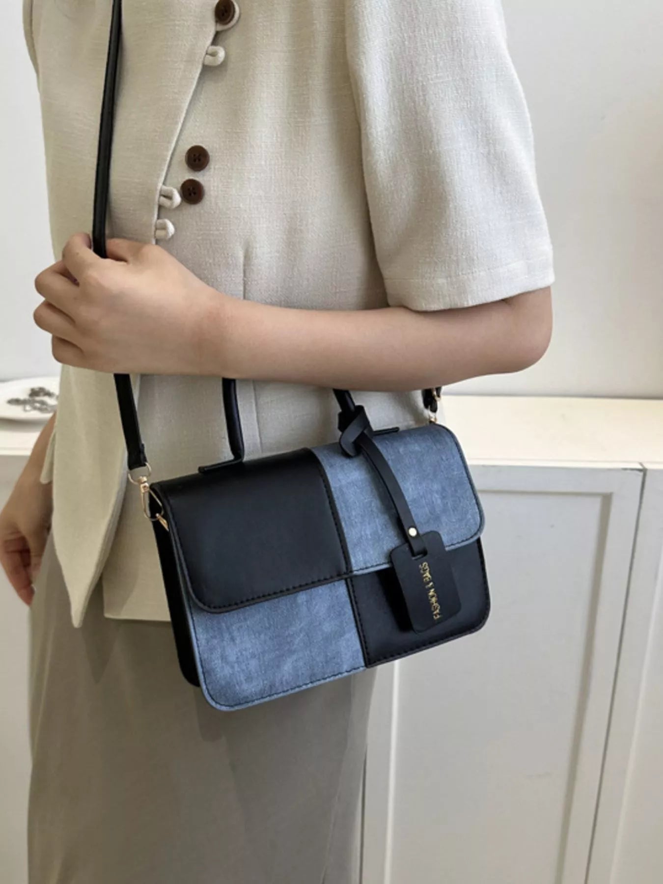 Two-Tone PU Leather Crossbody Bag - Farnelli