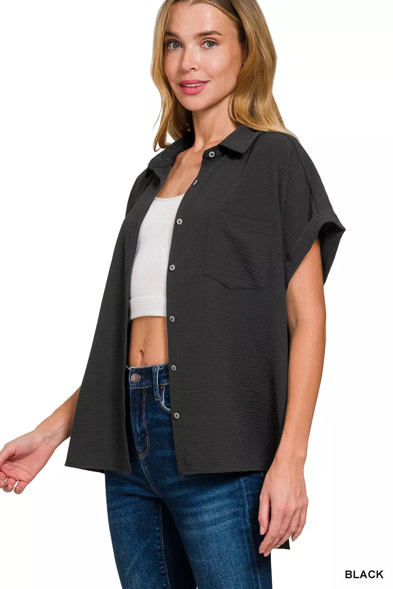 Zenana Full Size Woven Airflow Button Down Shirt Plus Size - Farnelli