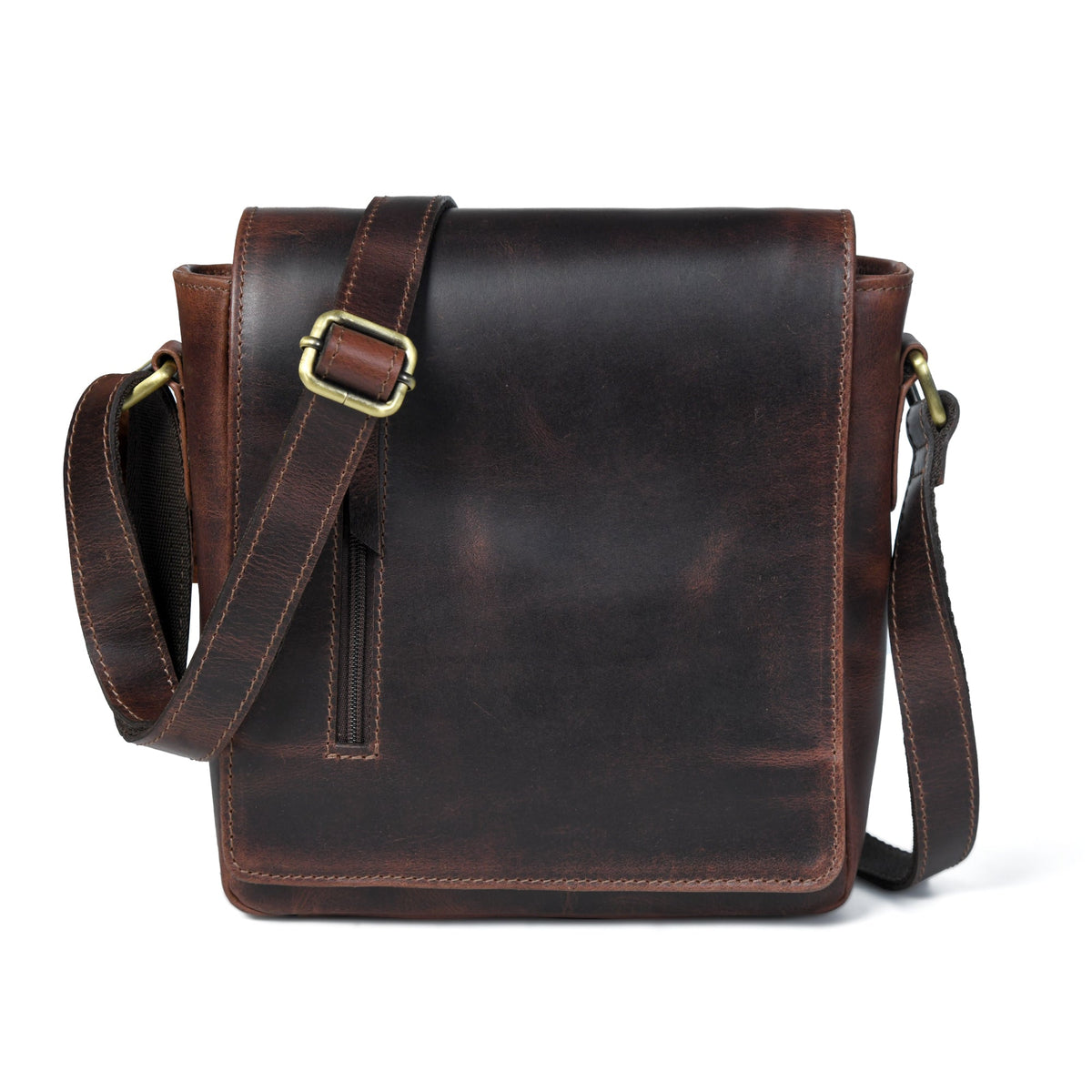 Classy Leather Bags The Barton Crossbody messenger bag with adjustable strap and multiple compartments, black leather design.