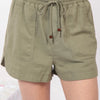 VERY J Drawstring Elastic Waist Linen Shorts - Olive