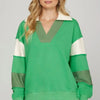 She + Sky Full Size Color Block Sleeve Johnny Collar French Terry Sweatshirt Plus Size - Green