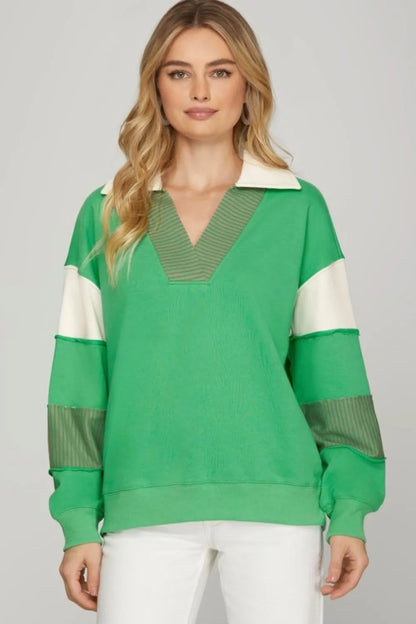 She + Sky Full Size Color Block Sleeve Johnny Collar French Terry Sweatshirt Plus Size - Farnelli