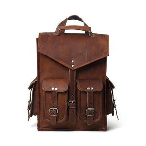 Pre-Historic Convertible Backpack by Classy Leather Bags showing brown leather backpack with adjustable straps and multiple compartments