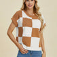 Double Take Full Size Checkered Round Neck Short Sleeve Sweater - Farnelli
