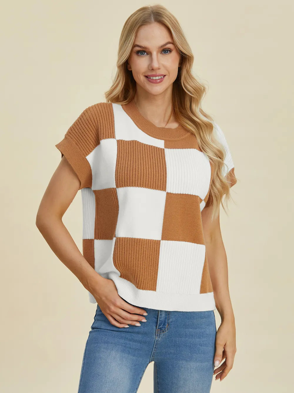 Double Take Full Size Checkered Round Neck Short Sleeve Sweater - Farnelli