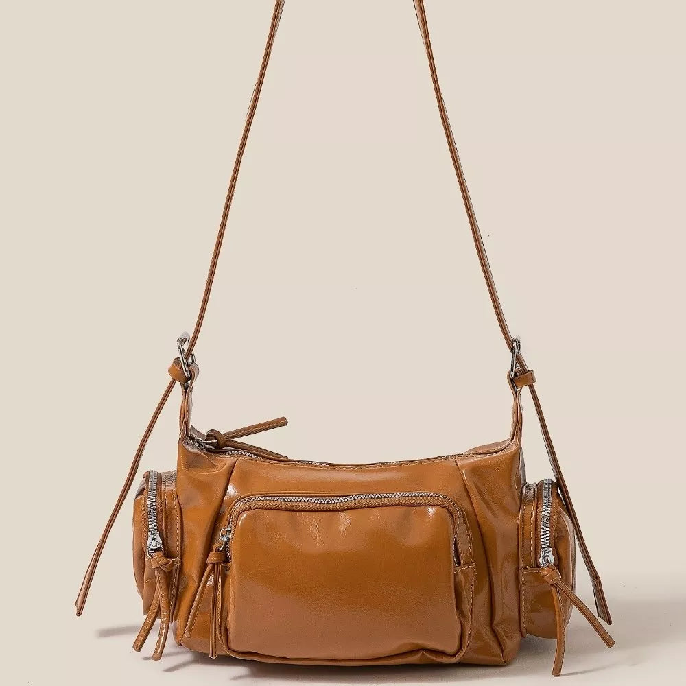 Fame Glossy Faux Leather Multi Pocket Hand Bag - Farnelli