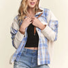 ADORA Button Down Plaid Hoodie Shacket - BLUE/IVORY