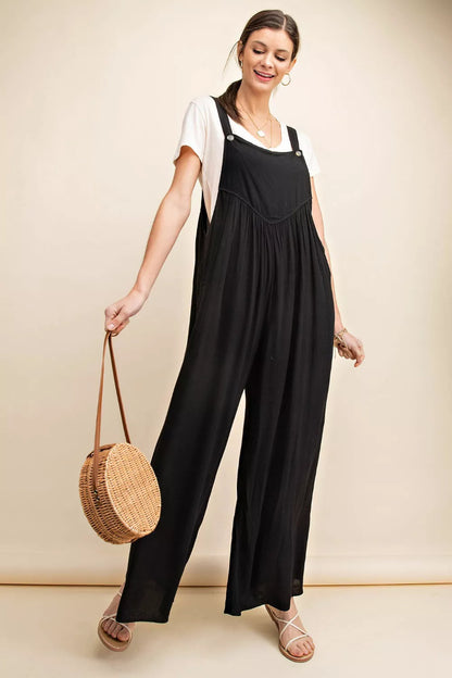 Kori America Full Size Sleeveless Ruched Wide Leg Overalls - Farnelli