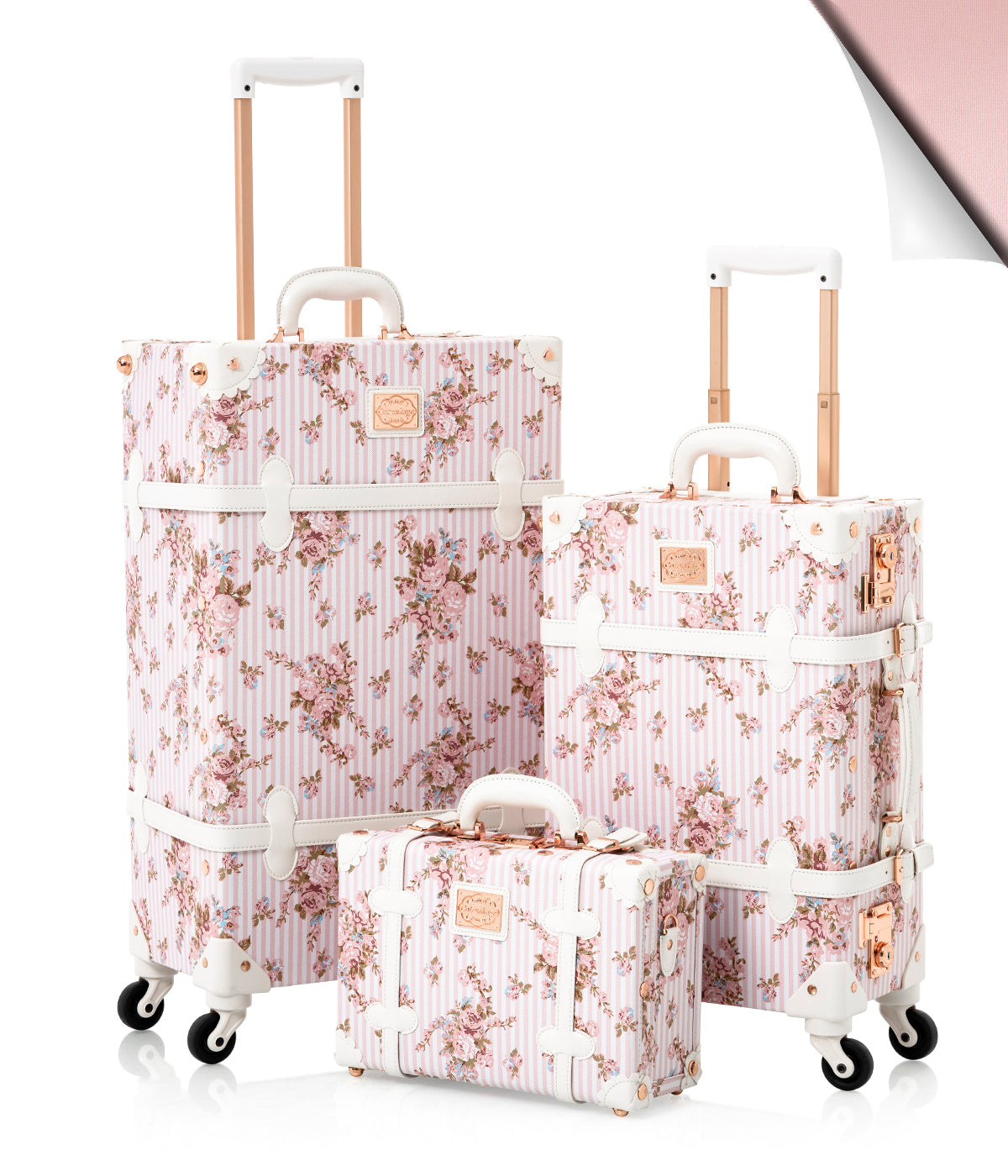 COTRUNKAGE Botanica pink floral 3-piece luggage set with rolling suitcases and carry-ons for travel.
