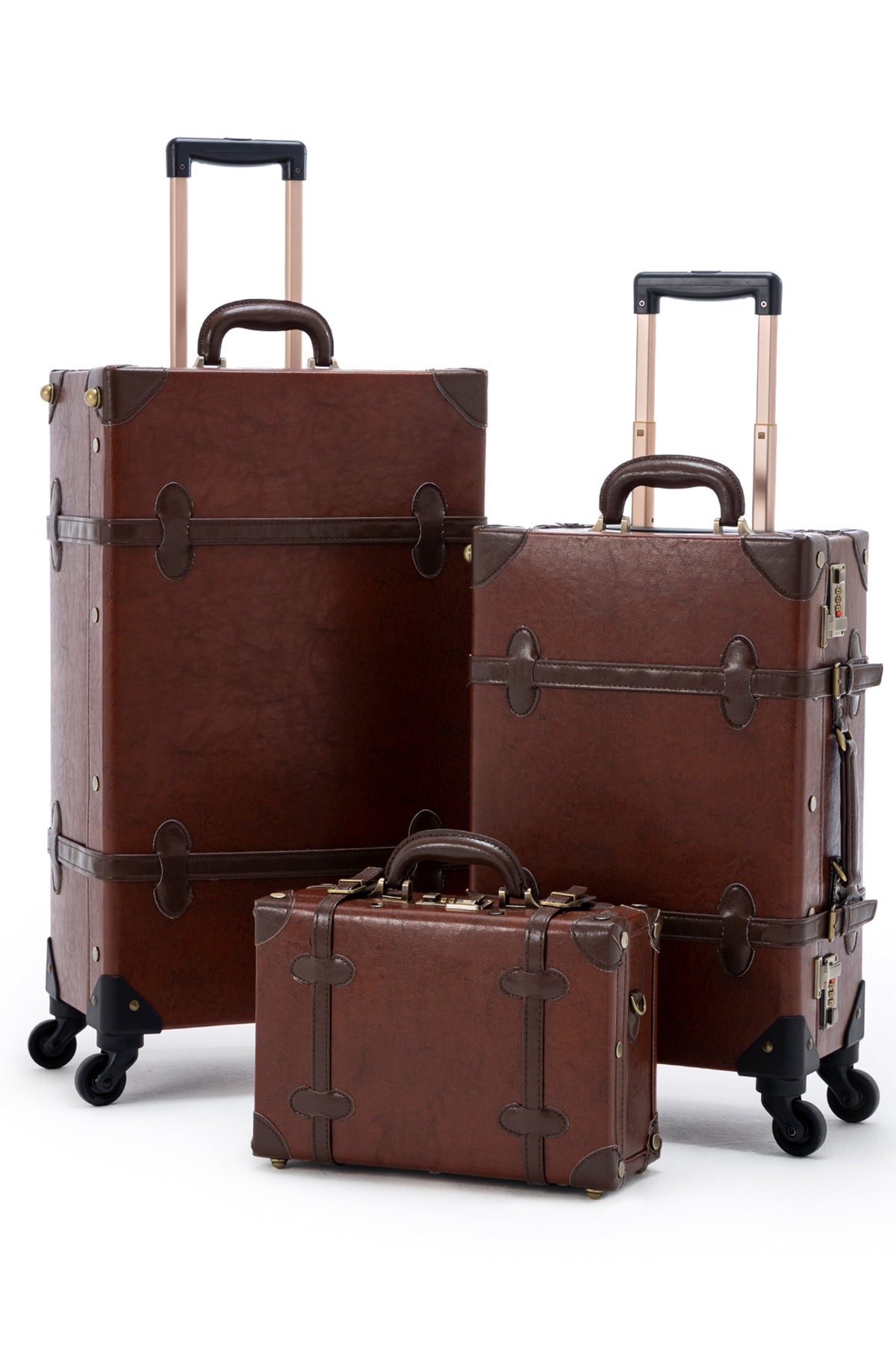 COTRUNKAGE SarahFace 3-piece brown luggage set featuring rolling suitcases with handles and zippers for travel.