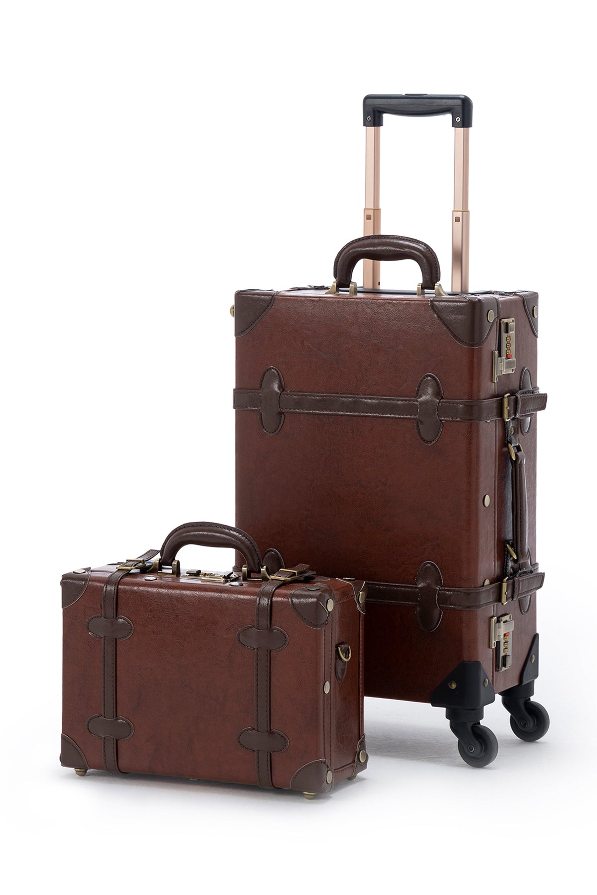 COTRUNKAGE SarahFace 2-piece luggage set in brown, including a large and small suitcase with durable wheels and handles.