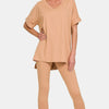 Zenana Full Size V-Neck Rolled Short Sleeve T-Shirt and Leggings Lounge Set - DK Brush
