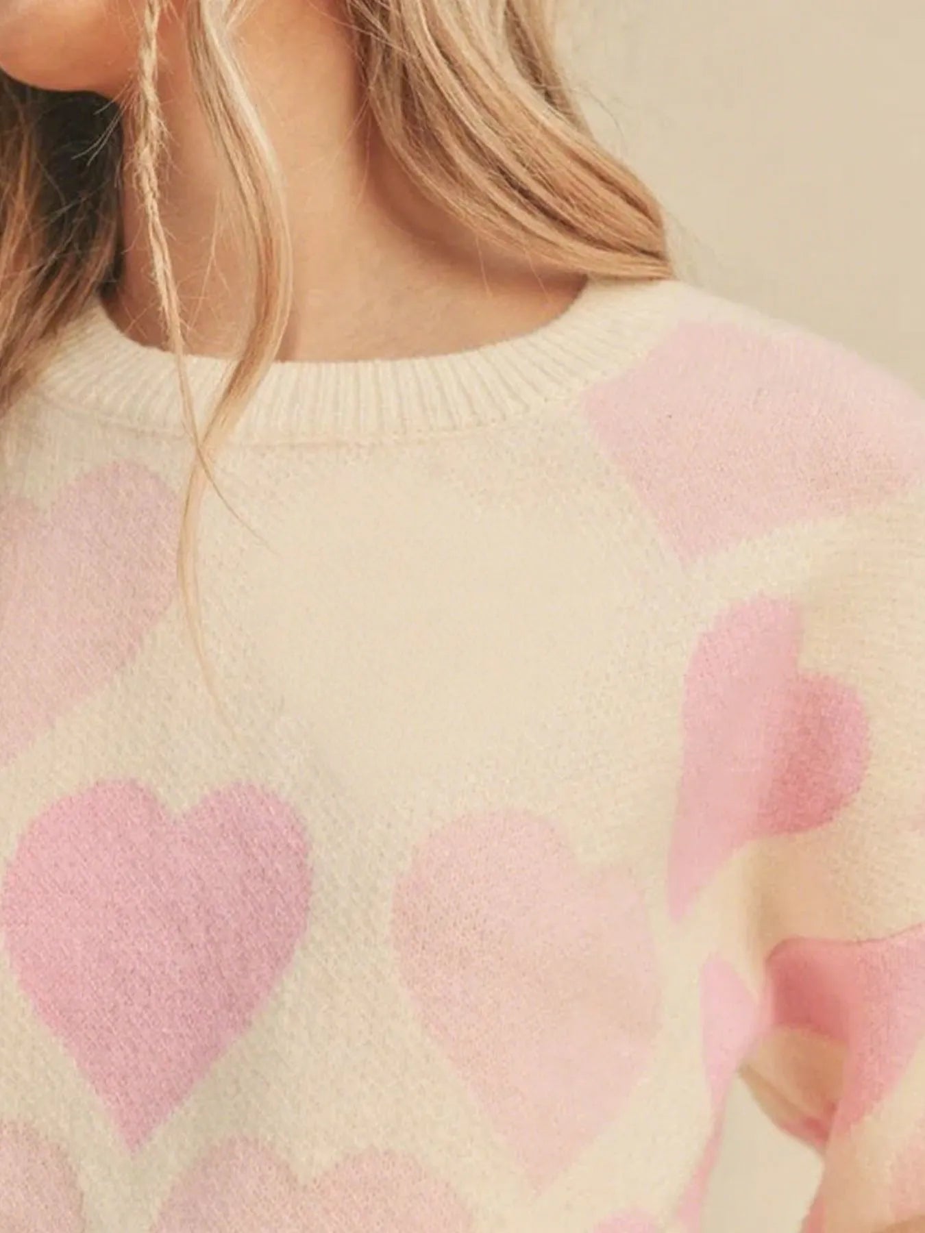Heart Ribbed Hem Long Sleeve Sweater - Farnelli