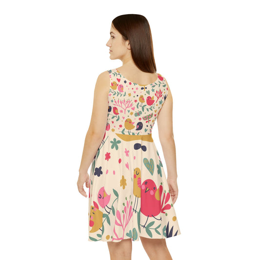 Floral Bird Print Women's Skater Dress | Spring Fashion, Summer Outfit, Casual Wear, Birthday Gift, Garden Party Dress