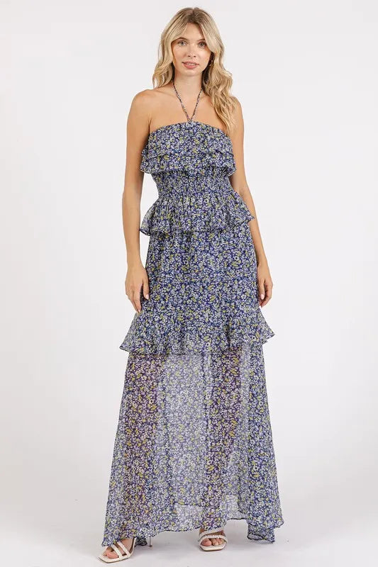 Mittoshop Ruffled Smocked Floral Halter Neck Maxi Dress - Farnelli