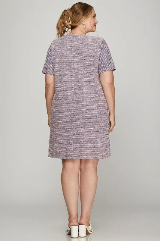 She + Sky Full Size Short Sleeve Pearl Studded Trim Knit Tweed Dress Plus Size - Farnelli