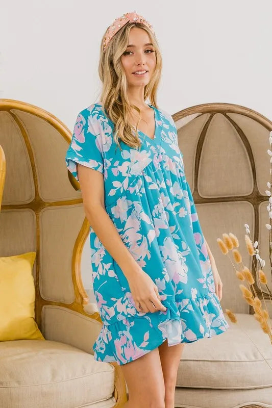 BiBi Floral Crinkle Shirred Ruffle Detail V Neck Dress - Farnelli