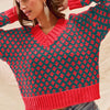 SO ME Color Block Textured Christmas Sweater V Neck Top - HUNTER/RED