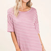 BOMBOM Striped Round Neck Half Sleeve T-Shirt - Mauve