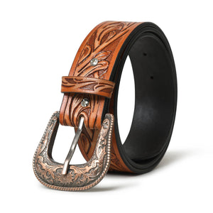 Brown leather Western cowboy belt with classic buckle from Classy Leather Bags, featuring detailed stitching and sturdy leather construction.