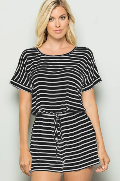 Heimish Full Size Striped Round Neck Short Sleeve Romper - Farnelli