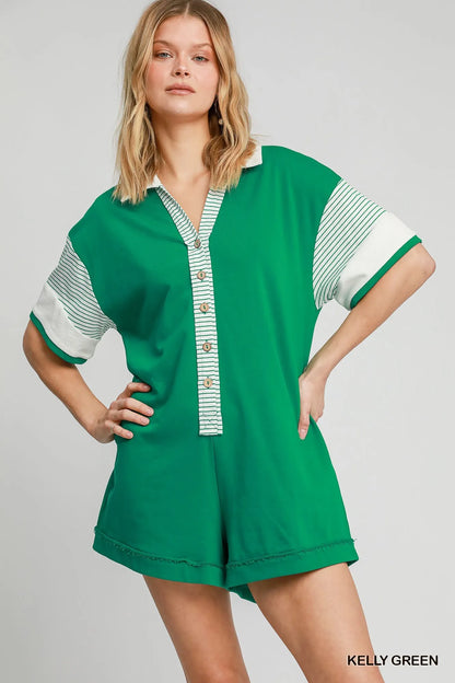 Umgee French Terry Collared Colorblock Romper - Farnelli
