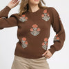 Umgee Floral Knit Sweater with Puff Sleeves - ESPRESSO