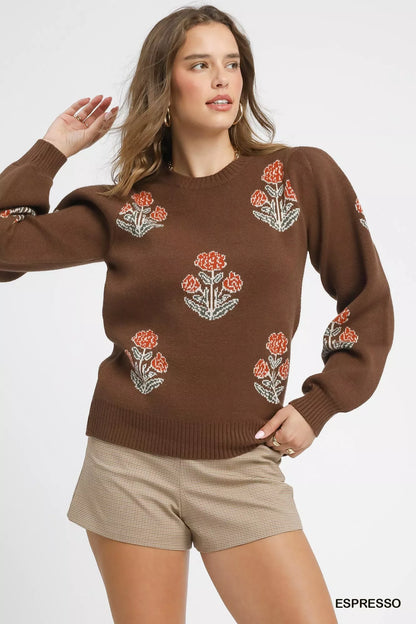 Umgee Floral Knit Sweater with Puff Sleeves - Farnelli