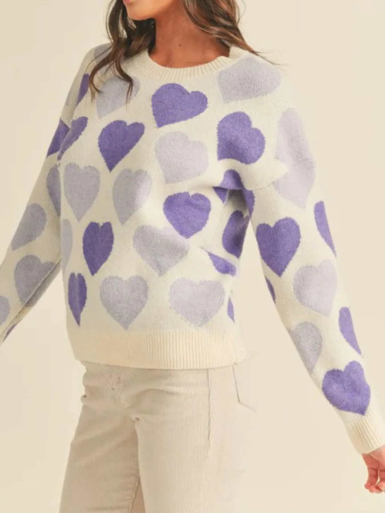 Heart Ribbed Hem Long Sleeve Sweater - Farnelli