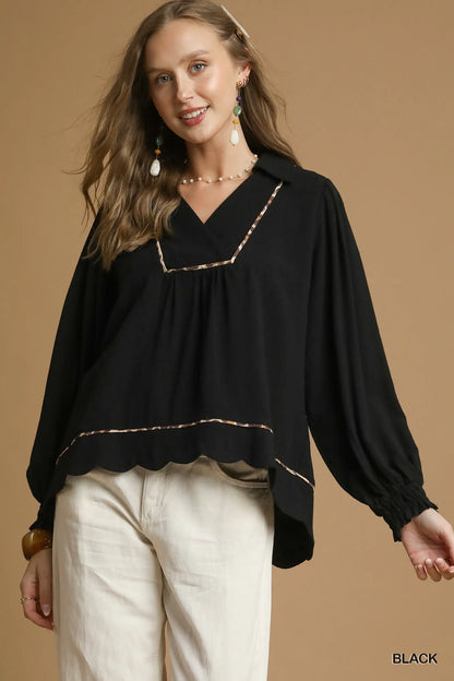 Umgee Full Size Linen Scallop Hem Blouse with Contrast Trim Plus Size - Farnelli
