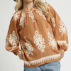 Umgee Full Size Two Tone Border Print Top with Balloon Sleeves Plus Size - MOCHA