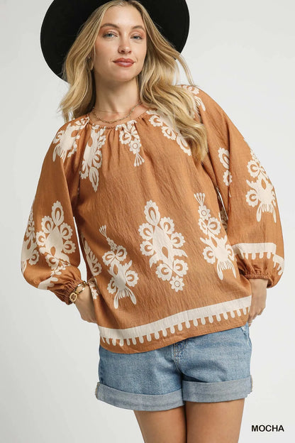 Umgee Full Size Two Tone Border Print Top with Balloon Sleeves Plus Size - Farnelli