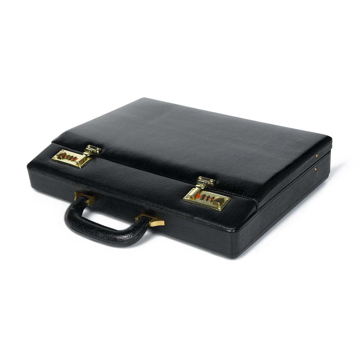 Black office suitcase briefcase from Classy Leather Bags with sturdy handles and professional design for business use.