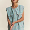 J.NNA Frayed Tweed Padded Shoulder Vest - Celeste Blue