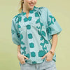 Umgee Floral Smocked Notched Puff Sleeve Blouse - TEAL