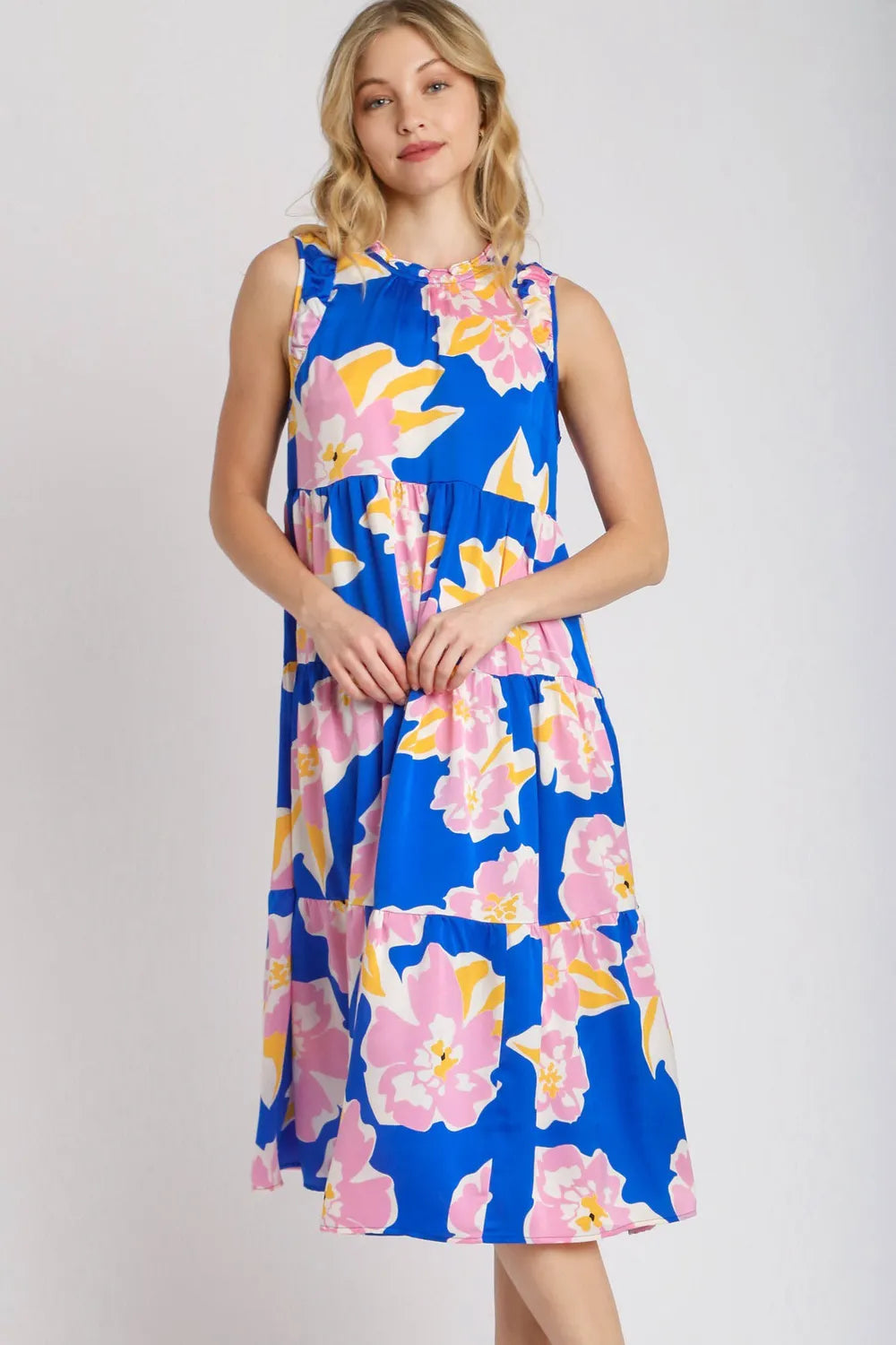 Umgee Full Size Floral Tiered Midi Tank Dress Plus Size - Farnelli