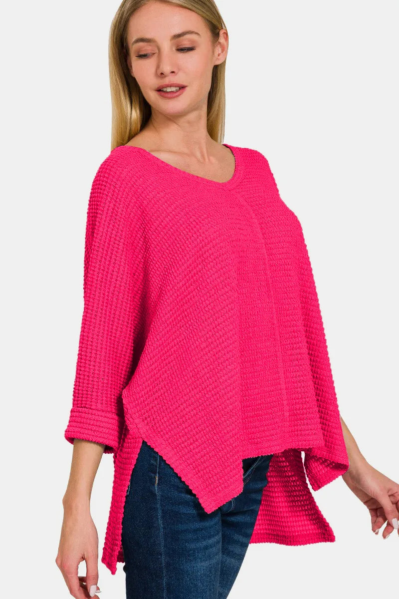 Zenana V-Neck High-Low Jacquard Knit Top - Farnelli