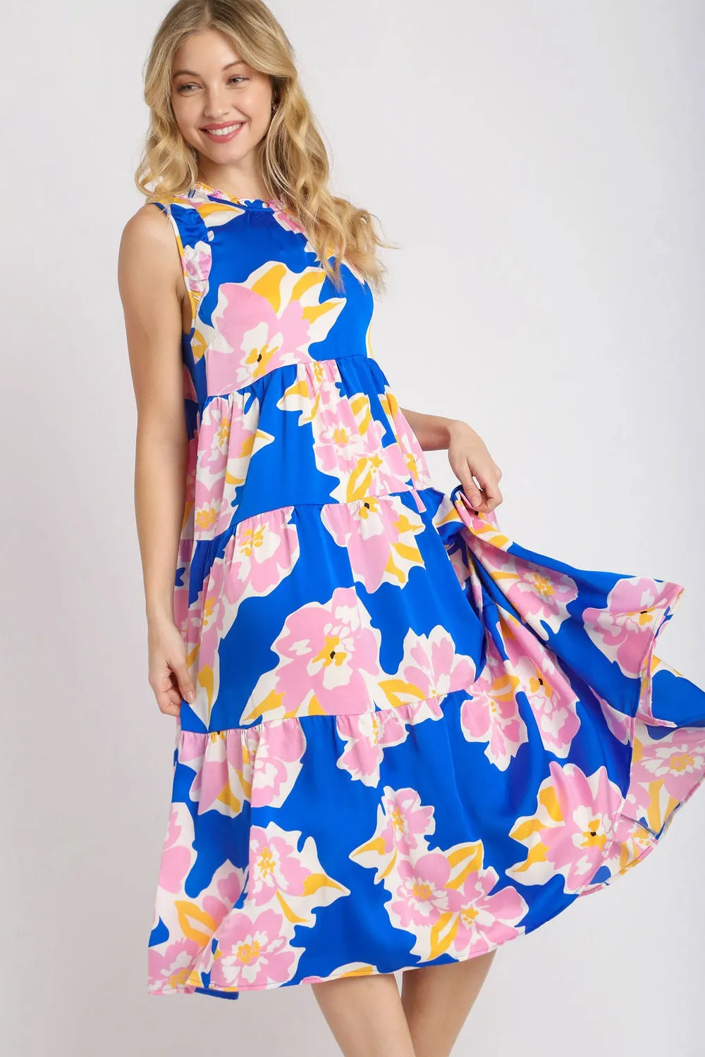 Umgee Full Size Floral Tiered Midi Tank Dress Plus Size - Farnelli