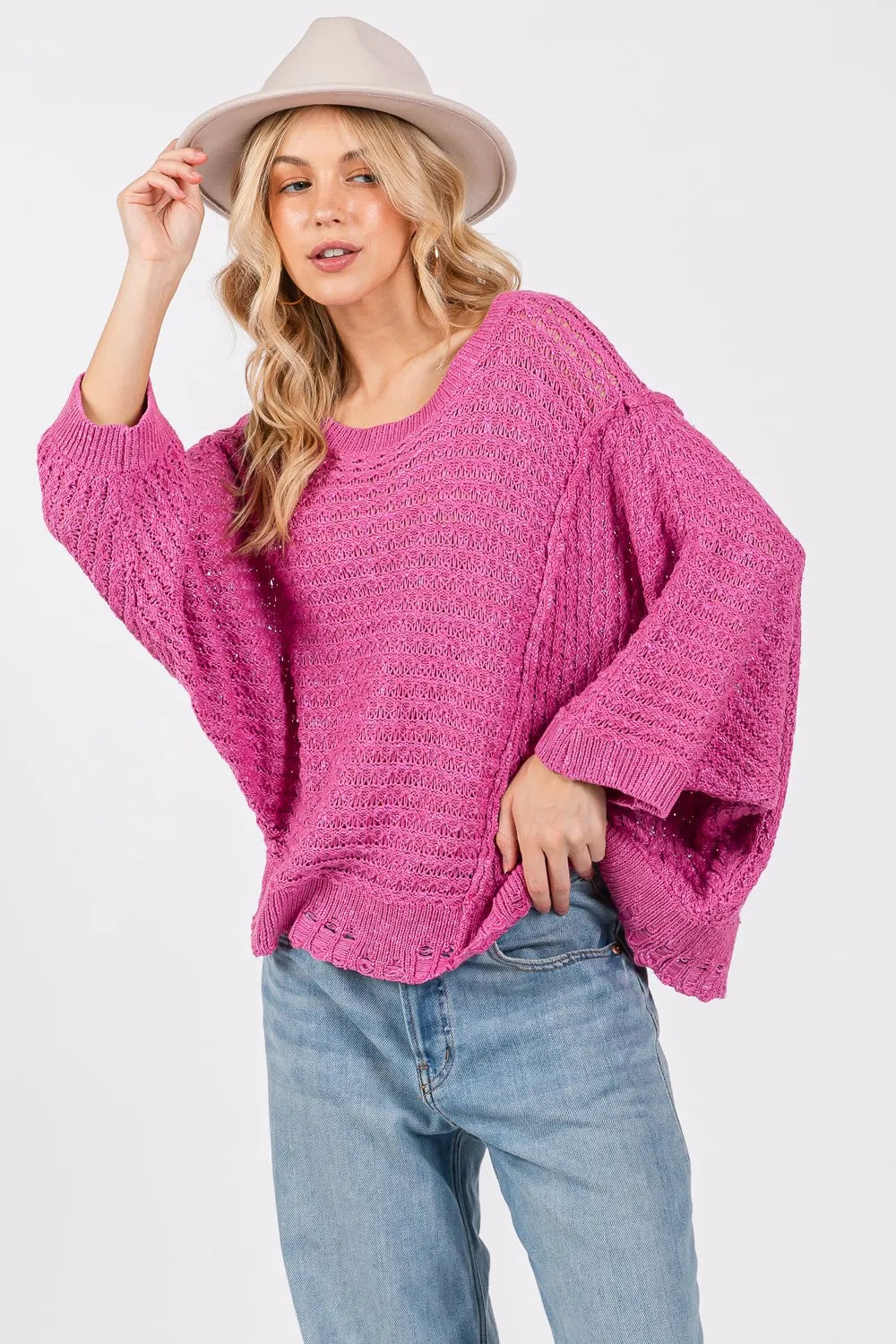 SAGE + FIG Distressed Asymmetrical Open Stitch Sweater - Farnelli