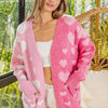 BiBi Heart Color Block V-Beck Knit Cardigan with Pockets - PINK/FUCHSIA