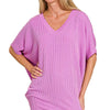 Zenana Raised Rib V-Neck Batwing Top - SPRING VIOLET