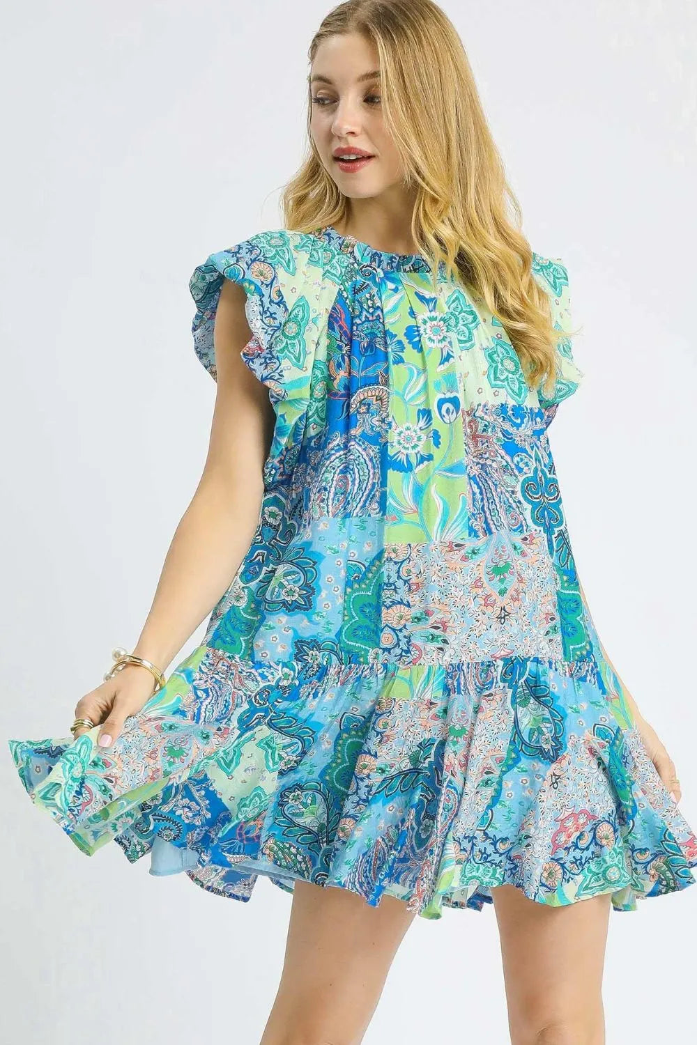 Umgee Printed Ruffle Cap Sleeve Mini Dress - Farnelli
