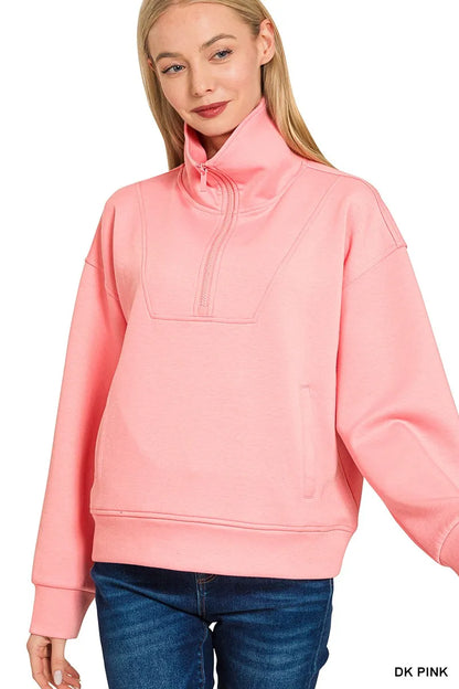 Zenana Scuba Half Zip Sweatshirt with Pockets - Farnelli