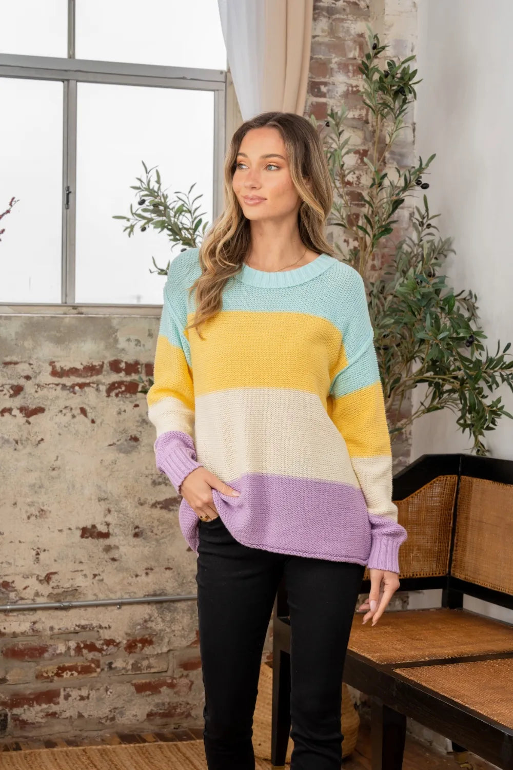 Sew In Love Full Size Color Block Exposed Seam Sweater - Farnelli