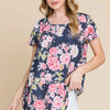 BOMBOM Floral Round Neck Short Sleeve T-Shirt - Navy
