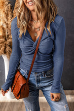 Alice Textured Twist Front V Neck Long Sleeve Top - Farnelli