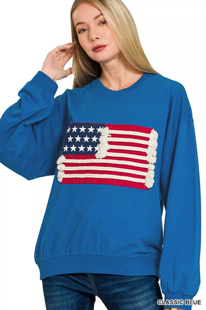Zenana French Terry American Flag Pullover - Farnelli