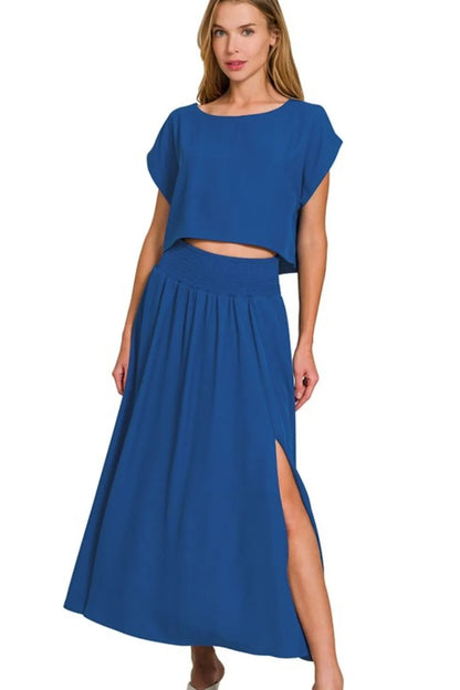 Zenana Heavy Woven Span Crop Tee & Skirt Set - Farnelli
